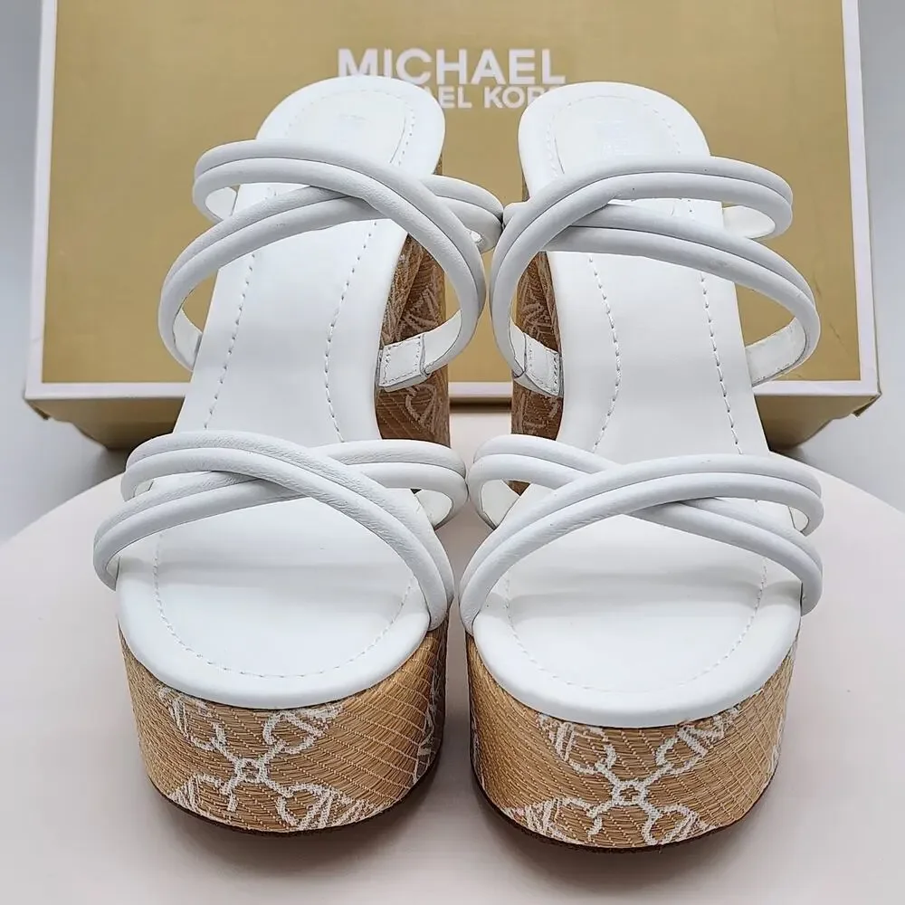 NEW Michael Kors Corrine Platform Leather Chain Sandals White Women's Size 8.5M